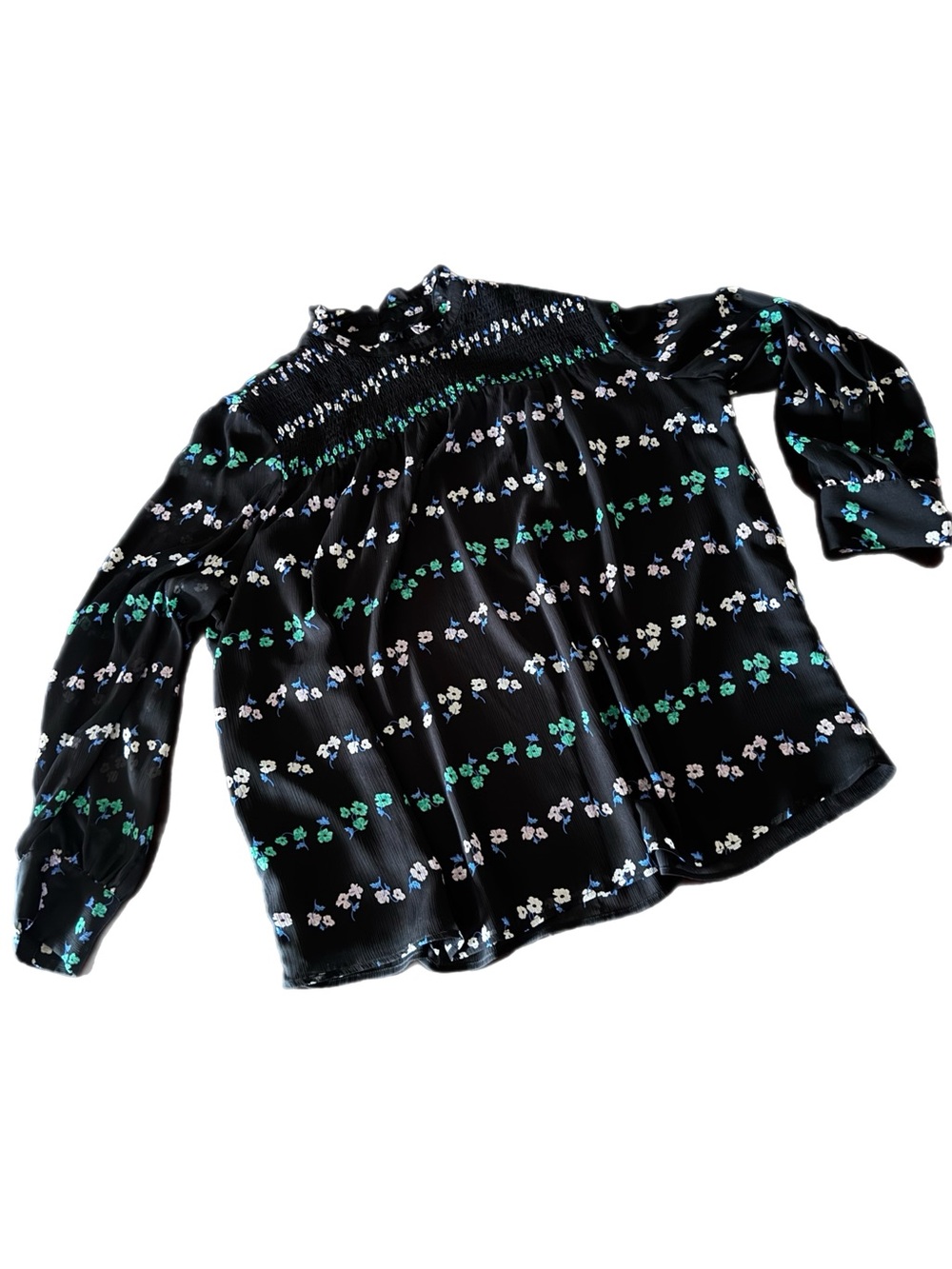 Ann Taylor Black Floral Smocked-Neck Long Sleeve Blouse - Picture 2 of 5